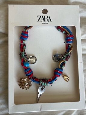 ZARA Multicolor Cord Necklace with Sunflower & Key Charms - Red & Blue